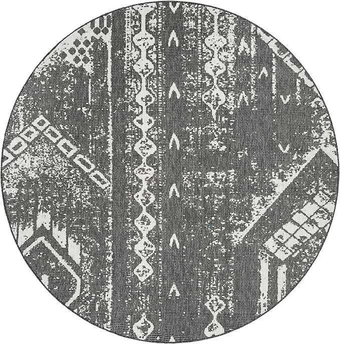 Unique Loom Outdoor Bohemian Collection Area Rug - Anthro (7' 10" Round, Charcoal Gray/ Ivory)