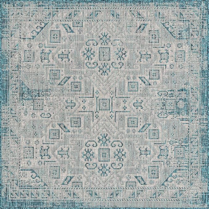 Unique Loom Outdoor Aztec Collection Area Rug - Coba (5' 3" Square, Teal/ Ivory)