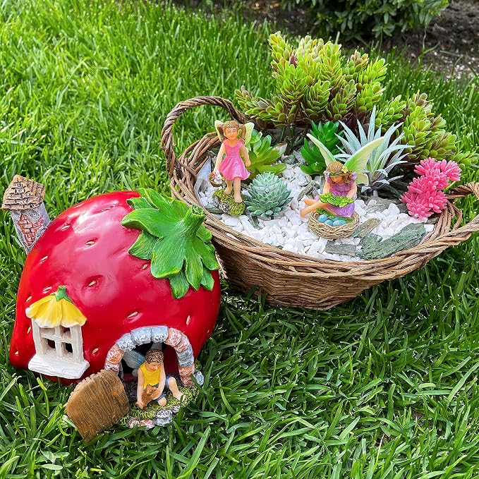 Mood Lab Fairy Garden Figurines - Strawberry House Set (4 pcs) - Miniature Decorative Statues & Accessories - Outdoor & Indoor Garden Decor