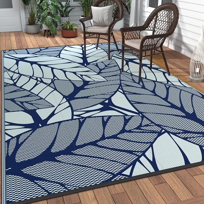 GENIMO Outdoor Rug 6' x 9' Waterproof for Patio Clearance, Reversible Plastic Straw Camping Carpet, Lightweight Mat for Rv, Camper, Deck, Porch, Picnic, Balcony, Beach, F.Blue & White