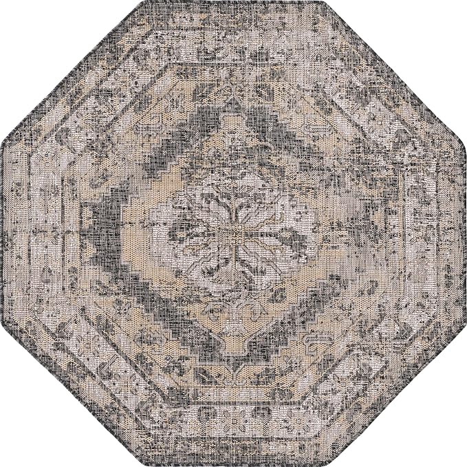 Unique Loom Outdoor Traditional Collection Area Rug - Valeria (5' 3" Octagon, Charcoal/ Natural)
