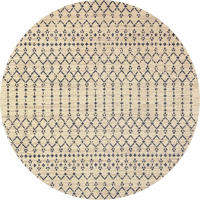 JONATHAN Y Moroccan Geometric Indoor Outdoor Round Area Rug 9 Ft Beige/Navy, Ourika Textured Weave for Backyard, Patio, Porch, Easy-Cleaning, High Traffic, Pet-Friendly, Non-Shedding (SMB108H-9R)