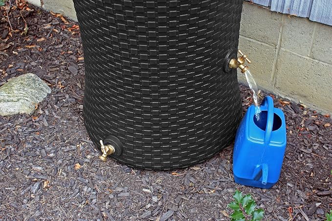 Good Ideas Impressions 50 Gallon Nantucket Outdoor Home Rain Barrel Water Storage Collector with Garden Planter and Brass Spigot, Black