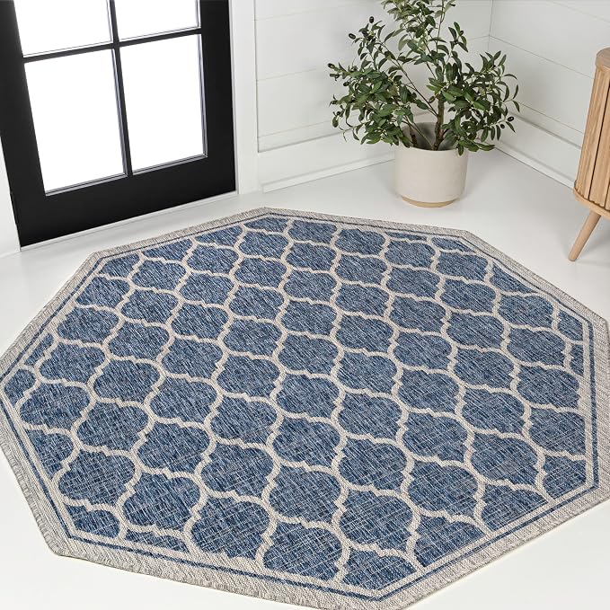 JONATHAN Y Moroccan Trellis Indoor Outdoor Octagon Area Rug 5 Ft Navy/Gray, Trebol Textured Weave for Backyard, Patio, Porch, Easy-Cleaning, High Traffic, Pet-Friendly, Non-Shedding (SMB109D-5TGN)
