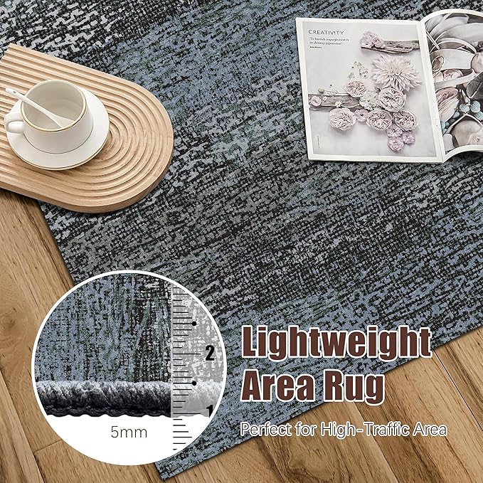 Washable Area Rug - 1/6 Thick - Stain & Water Resistant Non-Slip - Resistant Rug for Living Room, Bedroom, Nursery, Pet & Child Friendly, Vintage Charm Area Rugs (Darkgrey+Bule, 3' x 5 ')