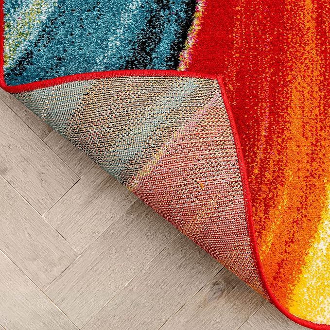 Well Woven Aurora Multi Red Yellow Orange SwirlLines ModernGeometric Abstract Brush Stroke Area Rug(7'10inx9'10in)Easy Clean Stain Fade Resistant Shed Free Contemporary Painting ArtStripe Thick Soft