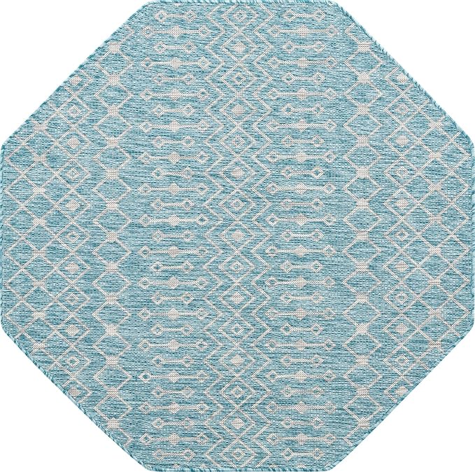 Unique Loom Outdoor Trellis Collection Area Rug - Tribal Trellis (5' 3" Octagon, Aqua/ Ivory)