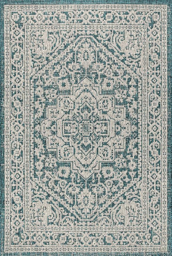 JONATHAN Y Medallion Weave Indoor Outdoor Area Rug 8X10 Teal Blue/Gray, Sinjuri Textured for Backyard, Patio, Porch, Easy-Cleaning, High Traffic, Pet-Friendly, Non-Shedding (SMB101C-8)