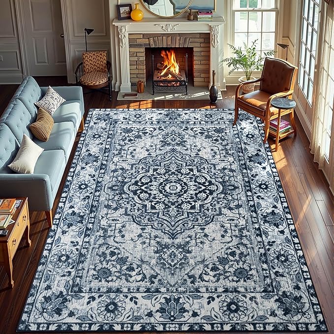 YJ.GWL Area Rugs for Living Room 6x9 Machine Washable Rugs, Non Slip Floral Vintage Rug Indoor Carpet, Stain Resistant Large Rug for Bedroom Dining Room, Navy Blue