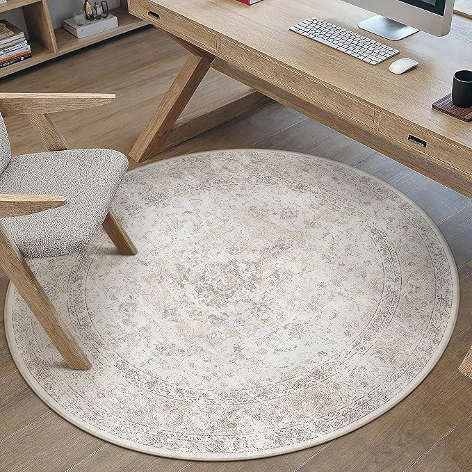6R Washable Round Rug Beige Grey Non Slip Vintage Carpet | Low Pile, Stain Resistant, Living Room, Kitchen, Bedroom, Nursery, Office, Dining Room, Soft, Large, Lightweight