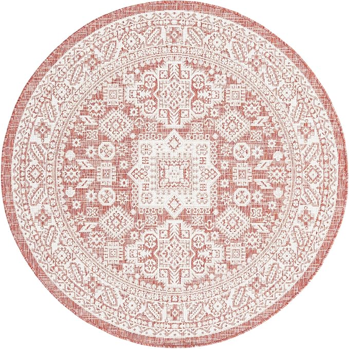 Unique Loom Outdoor Aztec Collection Area Rug - Chalca (5' 3" Round, Rust Red/ Ivory)
