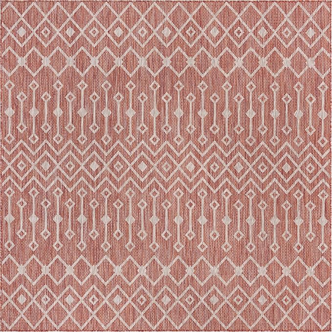 Unique Loom Outdoor Trellis Collection Area Rug - Tribal Trellis (13' Square, Rust Red/ Ivory)