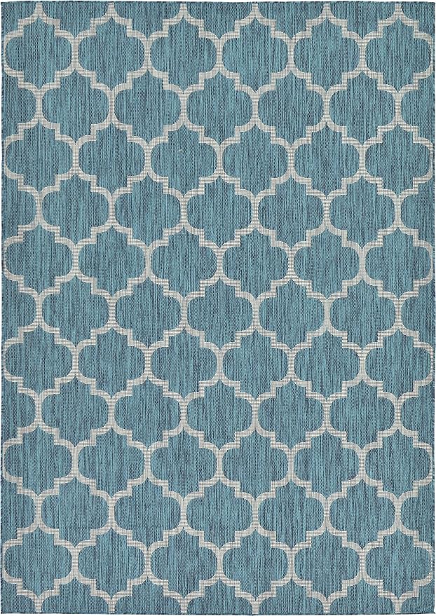 Unique Loom Outdoor Trellis Collection Area Rug (7' 1" x 10' Rectangle, Teal/ Gray)