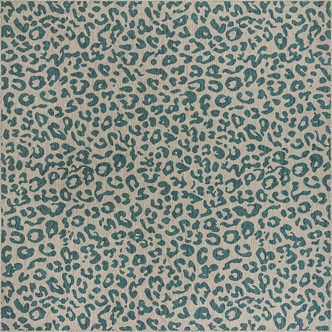 Unique Loom Outdoor Safari Collection Area Rug - Leopard (13' Square, Teal/ Ivory)