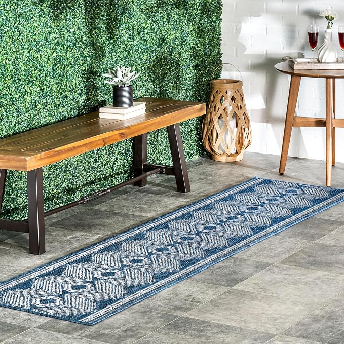 Nuloom Ranya Blue/Ivory, 2' x 8', Tribal Geometric, Soft and Cozy, High Traffic, Stain Resistant, Easy Clean, Durable Area Rug for Indoor/Outdoor Patio, Deck, Porch, Garden, Courtyard