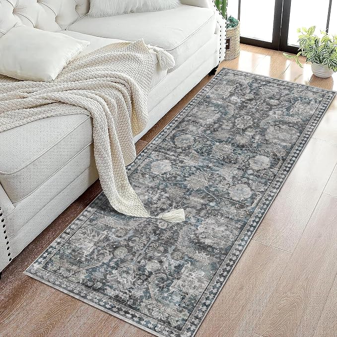 Washable Area Rugs - Perfect for Living Room, Bedroom, Kids Room, Nursery - Stain & Water Resistant Non-Slip, Pet & Child Friendly, Vintage Tribal Area Rugs (Grey and Bule, 2'6'' x 8')
