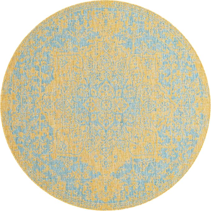 Unique Loom Jill Zarin Outdoor Collection Area Rug - Dubai (6' 7'' Round, Yellow and Aqua/ Light Blue)