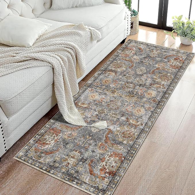Washable Area Rugs - Perfect for Living Room, Bedroom, Kids Room, Nursery - Stain & Water Resistant Non-Slip, Pet & Child Friendly, Vintage Tribal Area Rugs (Turmeric and Grey, 2'6'' x 8')