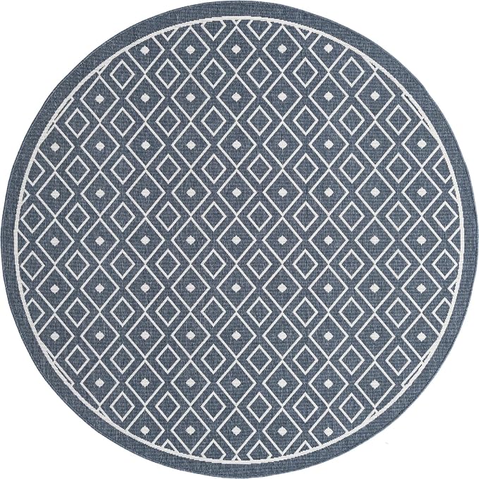Unique Loom Outdoor Trellis Collection Area Rug - Kafes (7' 1" Round, Navy Blue/ Ivory)
