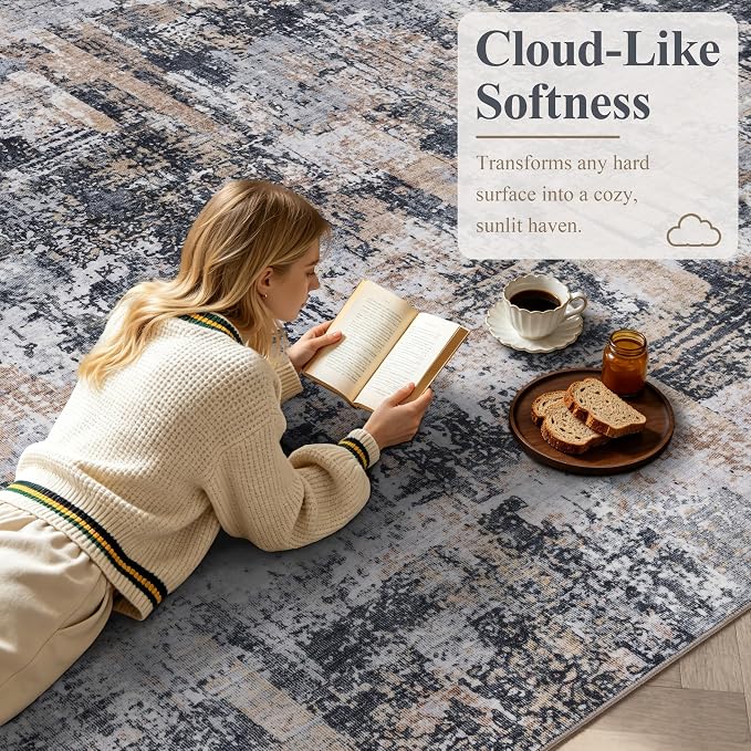 Sasttie 8x10 Washable Area Rug, Modern Abstract Large Rug, Black & Cream | Ultra-Soft Faux Wool, Machine Washable, Low Pile, Non-Slip, Lightweight, Thin, for Living Room, Bedroom, Dinning Room & Dorm