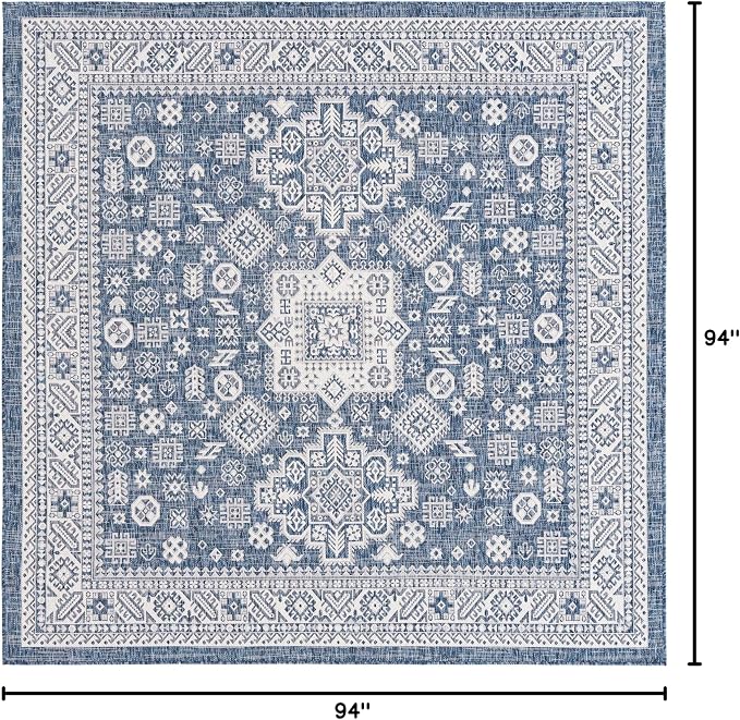 Unique Loom Outdoor Aztec Collection Area Rug - Chalca (7' 10" Square, Blue/ Ivory)