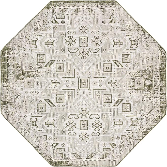 Unique Loom Outdoor Aztec Collection Area Rug - Coba (7' 10" Octagon, Green/ Ivory)