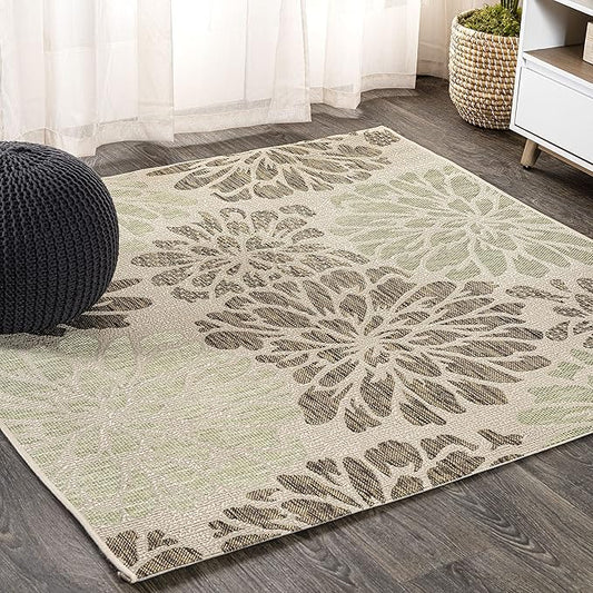 JONATHAN Y Floral Textured Weave Indoor Outdoor Square Area Rug 9X9 Sage/Brown, Zinnia Modern for Backyard, Patio, Porch, Easy-Cleaning, High Traffic, Pet-Friendly, Non-Shedding (SMB110A-9SQ)