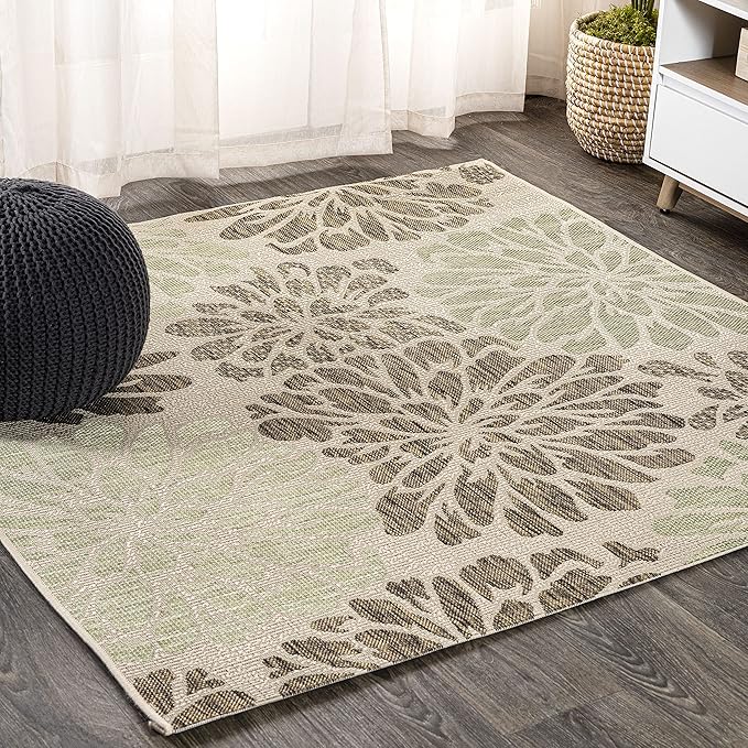 JONATHAN Y Floral Textured Weave Indoor Outdoor Square Area Rug 6X6 Sage/Brown, Zinnia Modern for Backyard, Patio, Porch, Easy-Cleaning, High Traffic, Pet-Friendly, Non-Shedding (SMB110A-6SQ)