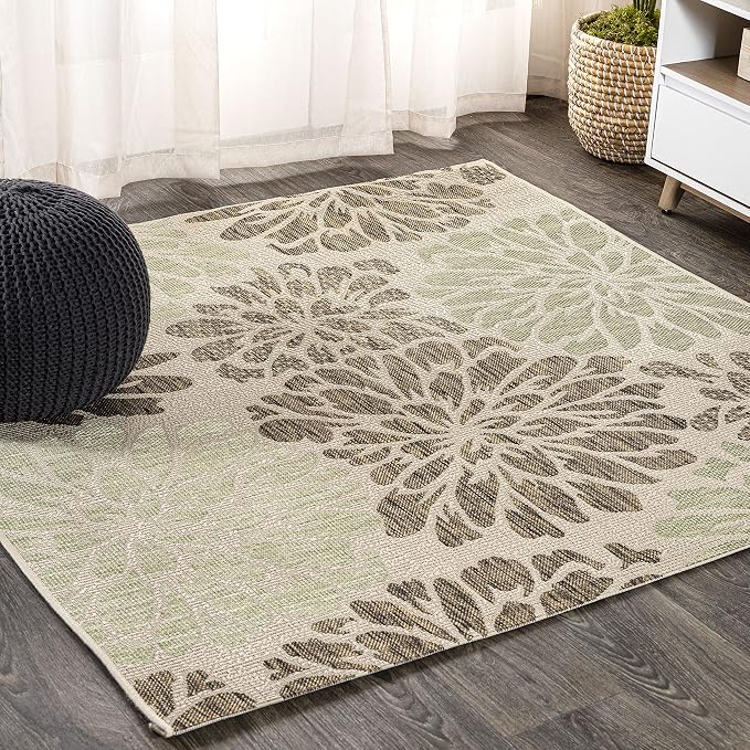JONATHAN Y Floral Textured Weave Indoor Outdoor Square Area Rug 4X4 Sage/Brown, Zinnia Modern for Backyard, Patio, Porch, Easy-Cleaning, High Traffic, Pet-Friendly, Non-Shedding (SMB110A-4SQ)