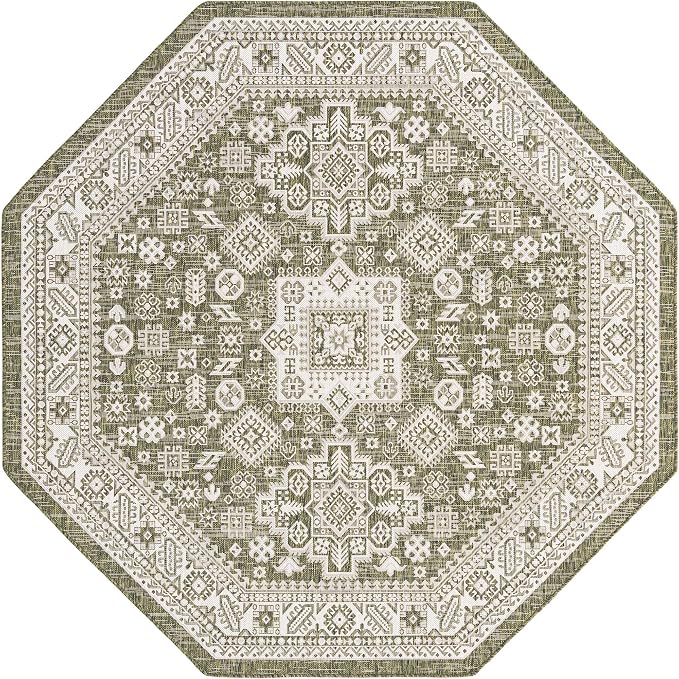 Unique Loom Outdoor Aztec Collection Area Rug - Chalca (7' 10" Octagon, Green/ Ivory)