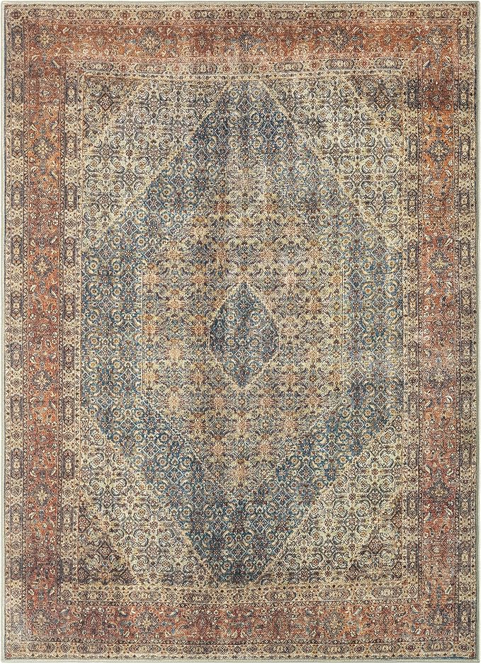 Keen Home Design Vintage Washable Area Rug, Non-Slip Low Pile, 4x6 | Machine Washable Cotton Chenille, 0.25In Low Pile, Rubber Non-Slip Back; Kitchen, Entryway, Bedroom, Dining Room