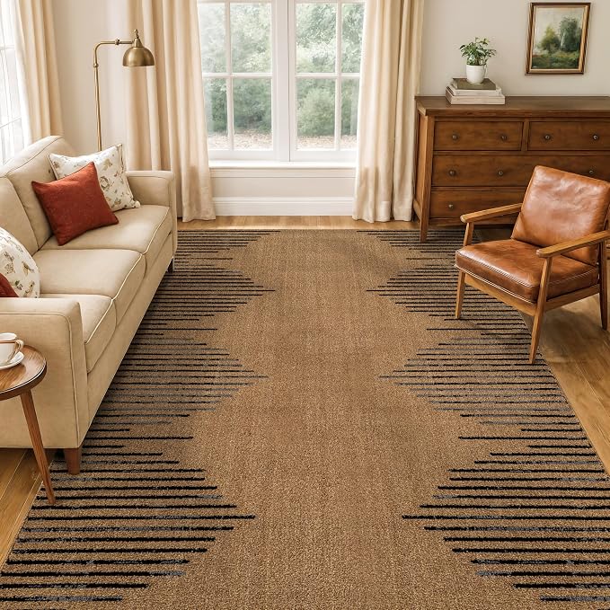 Rugshop Bohemian Stripe Stain Resistant High Traffic Area Rug Jute 5' x 7' | High Traffic,Fade Resistant, Living Room, Bedroom, Dining Room, Home Office, Kitchen, Entryway, Hallway, Nursery,Basement