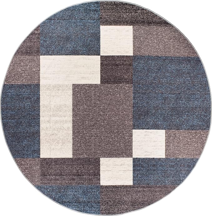 Rugshop Modern Boxes Non-Slip Living Room Kitchen Round Rug Blue 8' | Round, Size 8', Bedroom, Dining Room, Home Office, Entryway, Hallway, Nursery, Kids Room, Guest Room, High Traffic Area