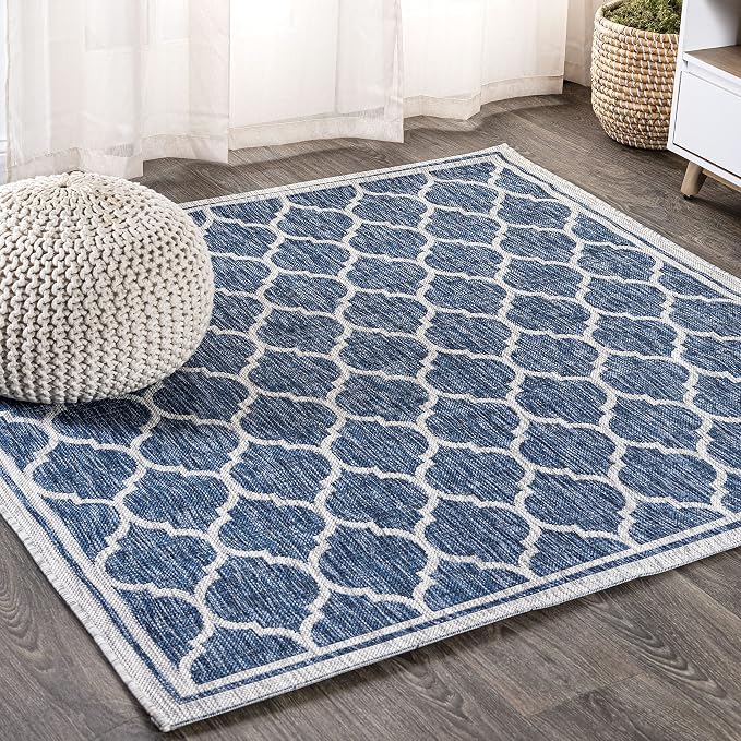 JONATHAN Y Moroccan Trellis Indoor Outdoor Square Area Rug 6X6 Navy/Gray, Trebol Textured Weave for Backyard, Patio, Porch, Easy-Cleaning, High Traffic, Pet-Friendly, Non-Shedding (SMB109D-6SQ)