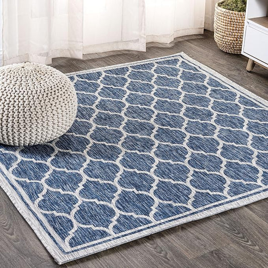 JONATHAN Y Moroccan Trellis Indoor Outdoor Square Area Rug 9X9 Navy/Gray, Trebol Textured Weave for Backyard, Patio, Porch, Easy-Cleaning, High Traffic, Pet-Friendly, Non-Shedding (SMB109D-9SQ)