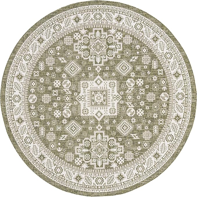 Unique Loom Outdoor Aztec Collection Area Rug - Chalca (10' Round, Green/ Ivory)