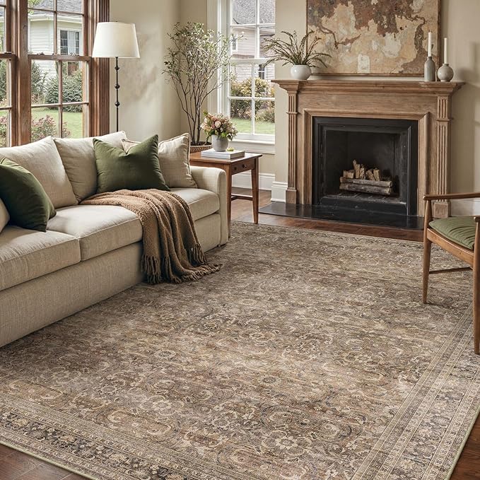 6x9 Brown Vintage Distressed Washable Area Rug for Living Room | Low Pile, Non Slip, Retro Style, Soft Distressed Indoor Rug for Living Room, Bedroom, Dining Room, Office, Home Decor