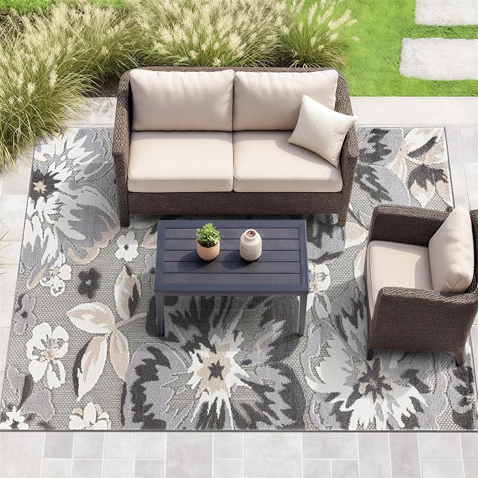 Rugshop Bergamo Contemporary Floral Non-Shedding Easy Cleaning Patio Deck Backyard Indoor/Outdoor Area Rug 5' x 7' Gray