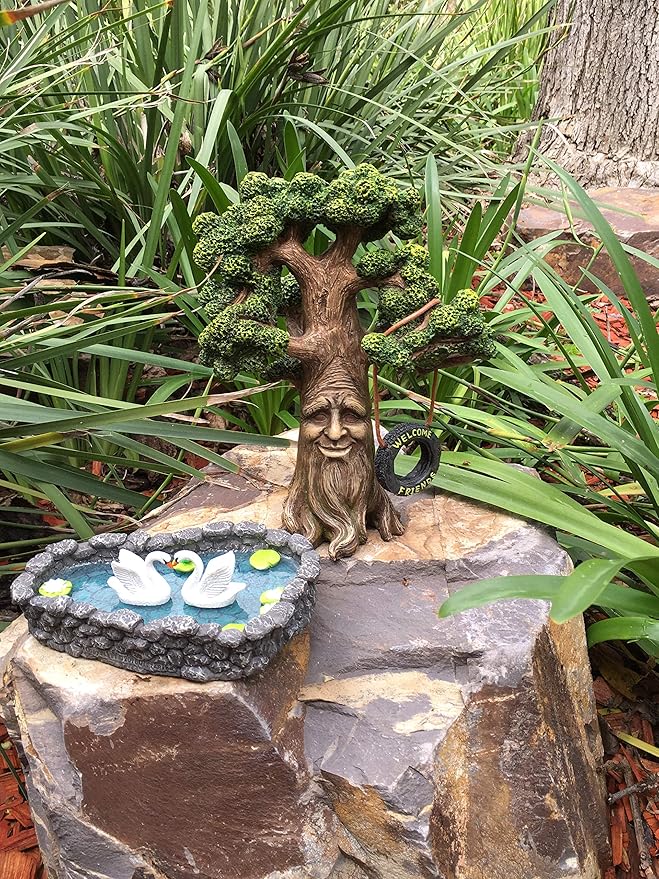GlitZGlam Fairy and Garden Gnome Tree - Enchanted Grandpa Miniature Tree with Removable Glow in The Dark Welcome Sign for Fairies and Lawn Gnomes