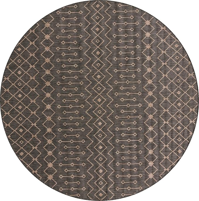 Unique Loom Outdoor Trellis Collection Area Rug - Tribal Trellis (10' 8" Round, Charcoal Gray/ Natural)