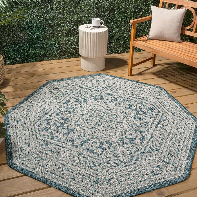 JONATHAN Y Medallion Weave Indoor Outdoor Octagon Area Rug 5 Ft Teal Blue/Gray, Sinjuri Textured for Backyard, Patio, Porch, Easy-Cleaning, High Traffic, Pet-Friendly, Non-Shedding (SMB101C-5TGN)