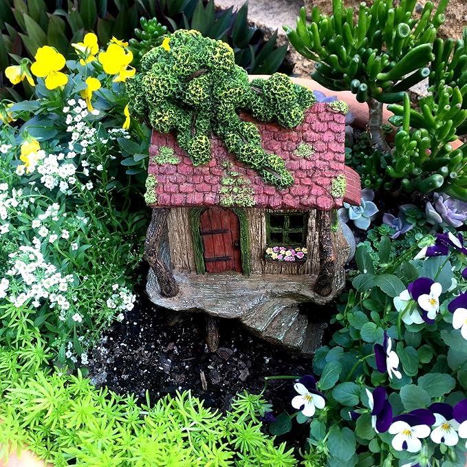 PRETMANNS Fairy Garden Treehouse for Outside - 9" H x 4" W Hand-Painted Resin Fairy House with Opening Door and Window Box - Waterproof Miniature Cottage for Patio Planter Balcony Decor, Gift Ready