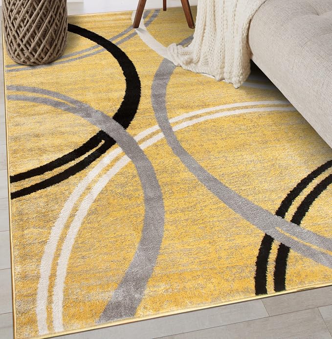 Rugshop Wavy Circles Non-Shedding Living Room Area Rug Yellow 3'3" x 5' | Rectangular, Size 3'3" x 5', Bedroom, Dining Room, Home Office, Kitchen, Entryway, Hallway, Nursery, Kids Room, Guest Room