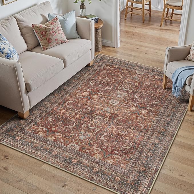 4x6 Brick Red Vintage Distressed Washable Area Rug for Entryway | Low Pile, Non Slip, Retro Style, Soft Distressed Indoor Rug for Entryway, Kitchen, Bathroom, Door Mat, Home Decor
