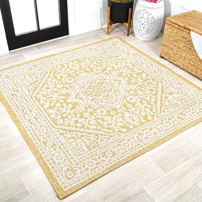 JONATHAN Y Medallion Weave Indoor Outdoor Square Area Rug 5X5 Yellow/Cream, Sinjuri Textured for Backyard, Patio, Porch, Easy-Cleaning, High Traffic, Pet-Friendly, Non-Shedding (SMB101I-5SQ)