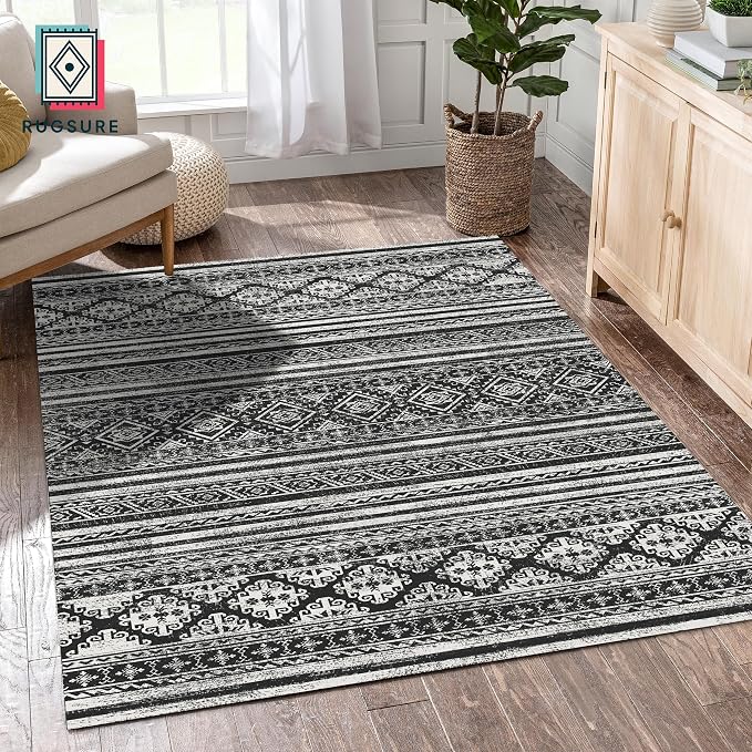 Washable Area Rugs 4' x 6' - 1/6 Thick - Moroccan-Inspired -Stain & Water Resistant Non-Slip - Resistant Rug for Living Room, Bedroom, Nursery, Pet & Child Friendly (Black)