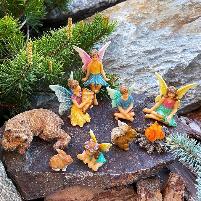 Mood Lab Fairy Garden Figurines - Camping Set (9 pcs) - Miniature Decorative Statues & Accessories - Outdoor & Indoor Garden Decor
