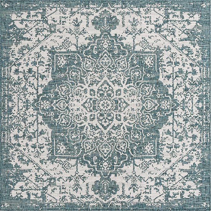 Unique Loom Outdoor Collection Area Rug - Dubai (7' 10" Square, Teal/ Ivory)