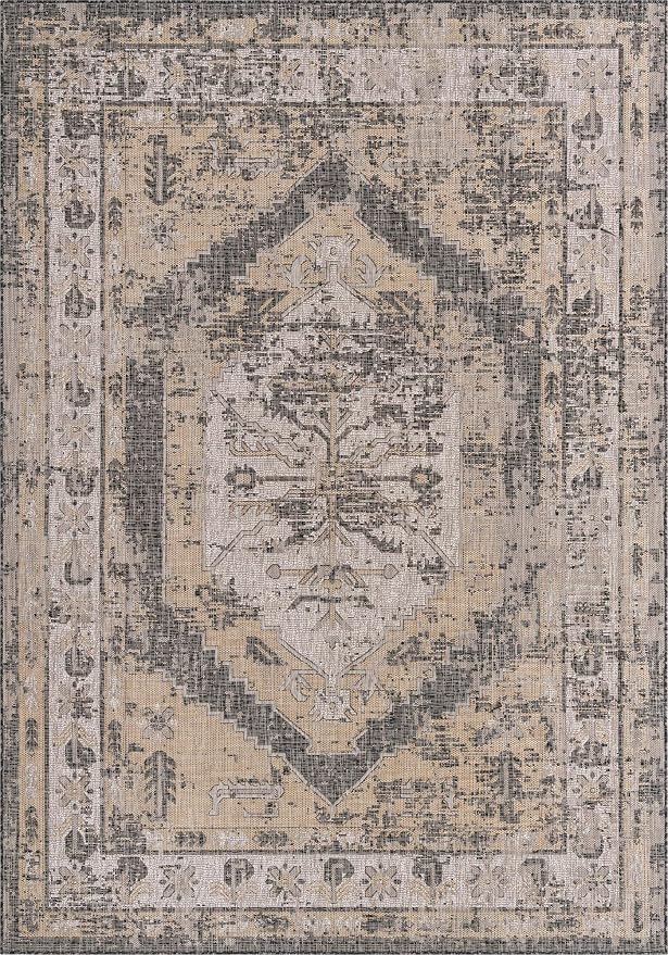 Unique Loom Outdoor Traditional Collection Area Rug - Valeria (7' 10" x 11' Rectangle, Charcoal/ Natural)