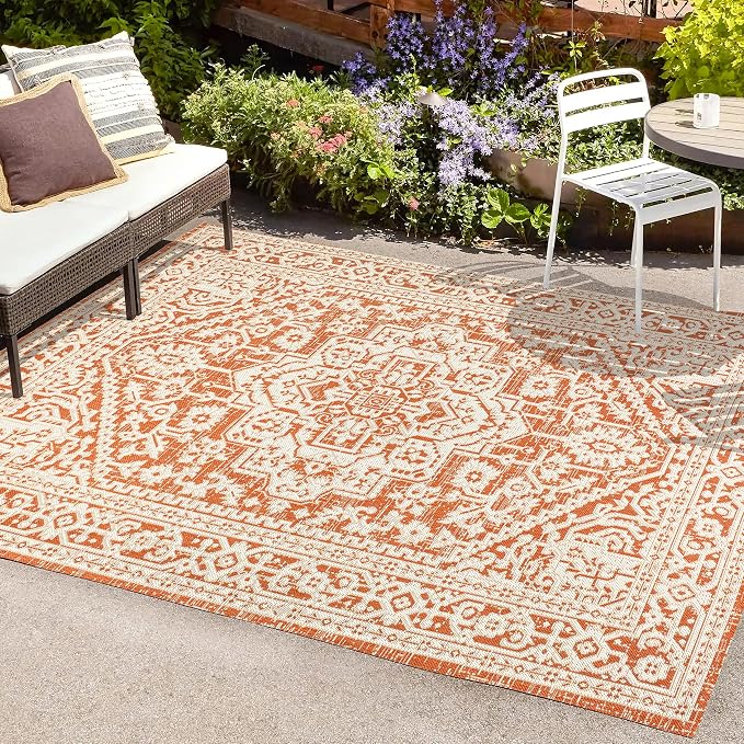 JONATHAN Y Medallion Weave Indoor Outdoor Area Rug 9X12 Orange/Cream, Sinjuri Textured for Backyard, Patio, Porch, Easy-Cleaning, High Traffic, Pet-Friendly, Non-Shedding (SMB101F-9)